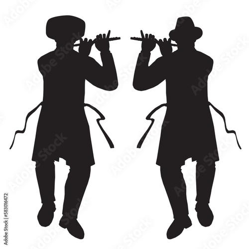 Black vector silhouette of a Jewish klezmer Transverse flute player. A Jewish Hasidic and rabbi dances in the joy of Beit Hashuava in Miron at Rabbi Shimon's grave.