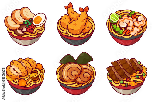 Japanese noodles soup with chicken, fried shrimp or prawn, pork chashu and beef recipe illustration vector. Asian shrimp tempura udon noodle soup. Japanese food ramen noodle soup cartoon set. 