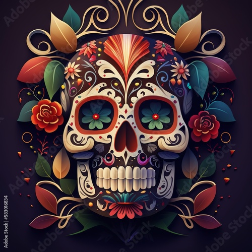 Dia de Los Muertos (Day of the dead), with sugar skull, generative ai