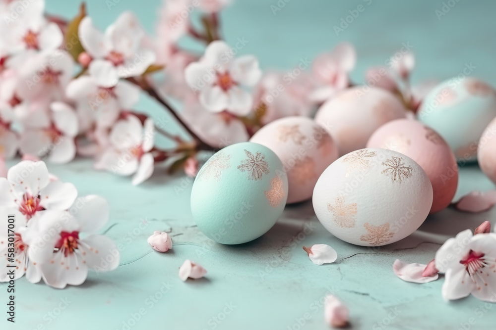 Happy Easter concept with easter eggs in nest and spring flowers on light background. Easter background with copy space, Happy Easter concept with easter eggs in nest and spring flowers on light background. Easter background with copy space,