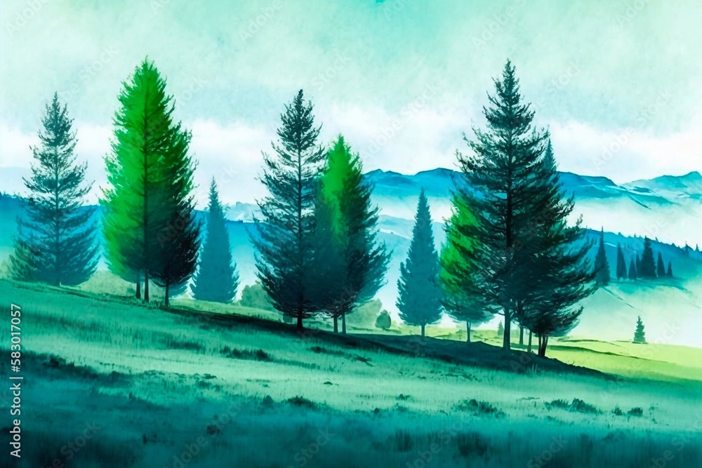 Fototapeta premium Watercolor Landscape With Trees And Sky. Generative AI