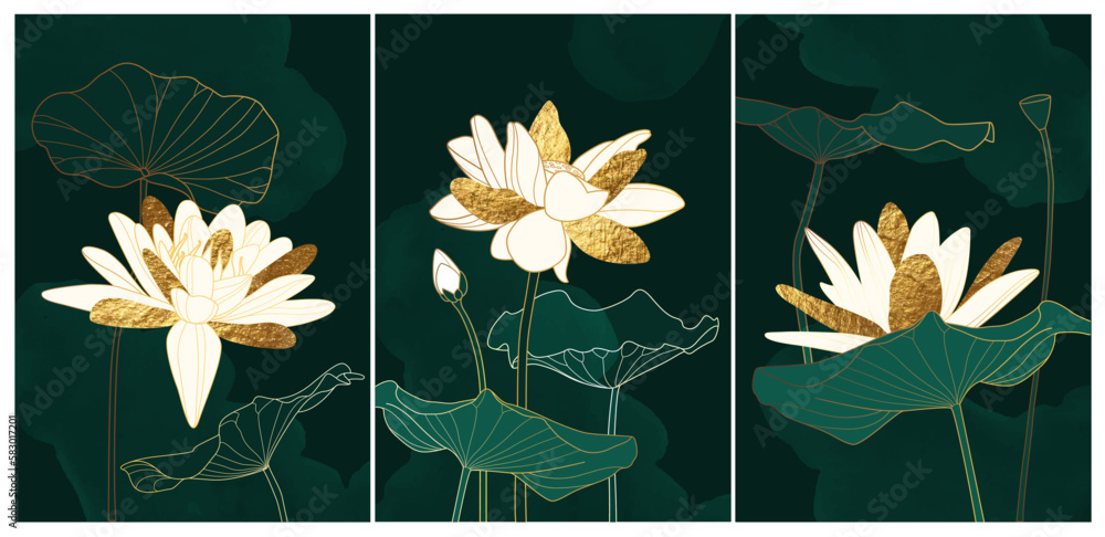 Set of luxury botanical wall art posters, prints. White and shiny golden lotus on dark green watercolor background.