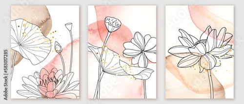 Set of luxury botanical wall art posters, prints. Black and white line art lotus on colorful watercolor background. Lotus leaves.