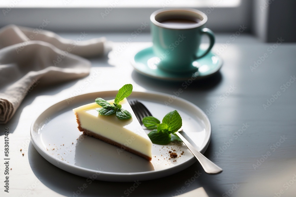 Slice of cheesecake with mint leaf. Copy space for text. Generative AI Slice of cheesecake with mint leaf. Copy space for text. Generative AI