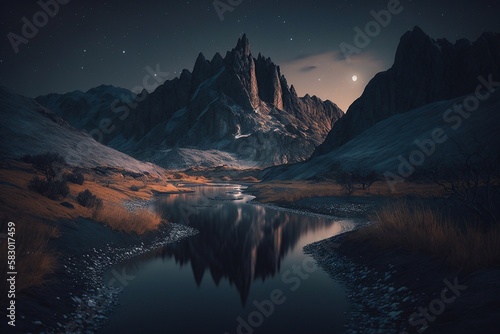 Beautiful landscape with mountains at night. Generative AI © Andrii 