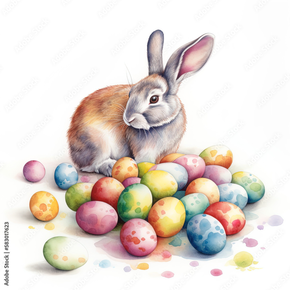 Bunny with easter eggs, easter rabbit with eggs, colorful celebration easter eggs, fluffy rabbit sitting among eggs, colored illustration. Generative AI. Bunny with easter eggs, easter rabbit with eggs, colorful celebration easter eggs, fluffy rabbit sitting among eggs, colored illustration. Generative AI.