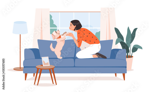 Pet owner. A woman is playing with a dog on the sofa. Relaxing with a pet. Flat vector illustration.