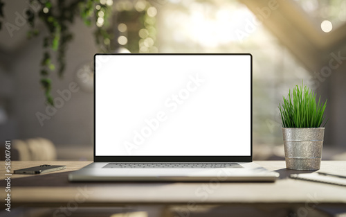 Leinwand Poster Laptop with blank frameless screen mockup template on the table in industrial of