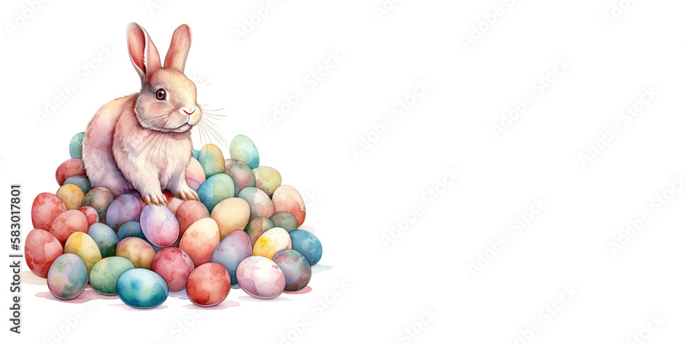 Obraz premium Bunny with easter eggs, easter rabbit with eggs, colorful celebration easter eggs, fluffy rabbit sitting among eggs, colored illustration. Generative AI.