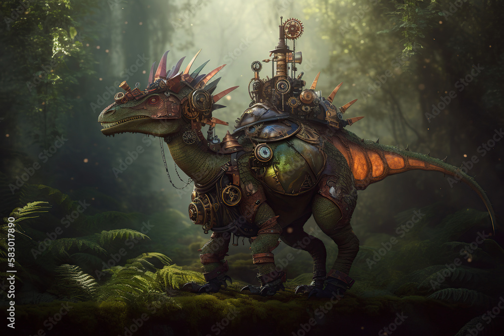 Fototapeta premium steampunk dinosaur in the woods, Generative AI