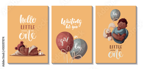 Set of cardds with sleeping newborn kids, toys, balloons. Newborn, Childbirth, Baby care, babyhood, childhood, infancy concept. Vector illustration for postcard, card, cover.