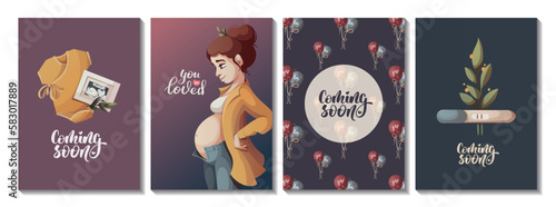 Set of cards with pregnant woman, ultrasound baby picture, positive pregnancy test. Motherhood, Pregnancy, Childbirth, baby waiting, babyhood concept. Vector Illustration for poster, card, postcard.