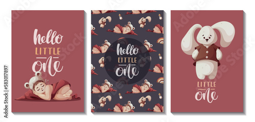 Set of cards with sleeping baby girl, plush bunny, handwritten text. Newborn, Childbirth, Baby care, babyhood, childhood, infancy concept. Vector illustration for card, postcard, cover.
