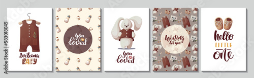 Set of Cards with baby's clothes, bunny, shoes, ultrasoung image, baby bottle. Baby waiting, Children's toys, kid's shop, playing, childhood concept. Vector Illustration for card, postcard, cover.