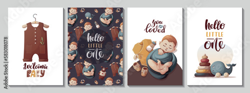 Set of cards with swaddled baby boy, toys, bodysuit. Handwritten text. Newborn, Childbirth, Baby care, babyhood, childhood, infancy concept. Vector illustration for card, postcard, cover.