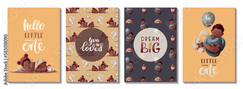 Set of cardds with sleeping newborn kids, toys, balloons. Newborn, Childbirth, Baby care, babyhood, childhood, infancy concept. Vector illustration for postcard, card, cover.