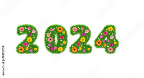 3D rendering green year 2024 made out of grass flowers