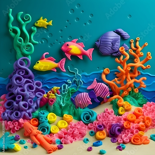 Underwater world with coral reefs and from colored plasticine on the background of blue sea. Generative Ai © Anastasiya