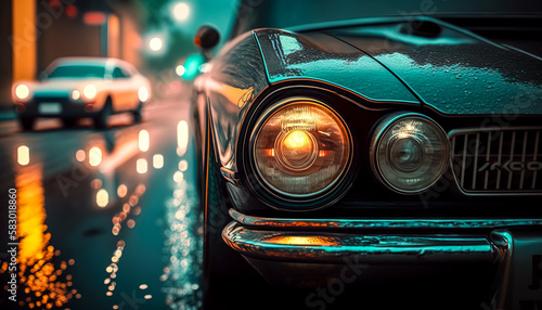 Vintage car at night on the road in the rain, generative AI.