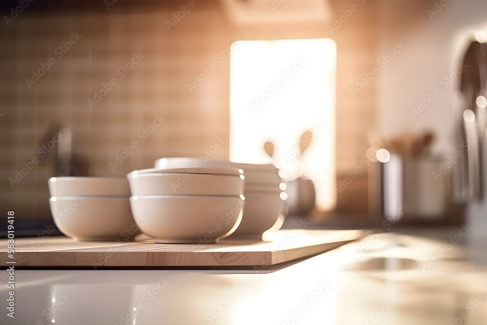 Kitchen surface against blurred kitchen background. Generative Ai Kitchen surface against blurred kitchen background. Generative Ai
