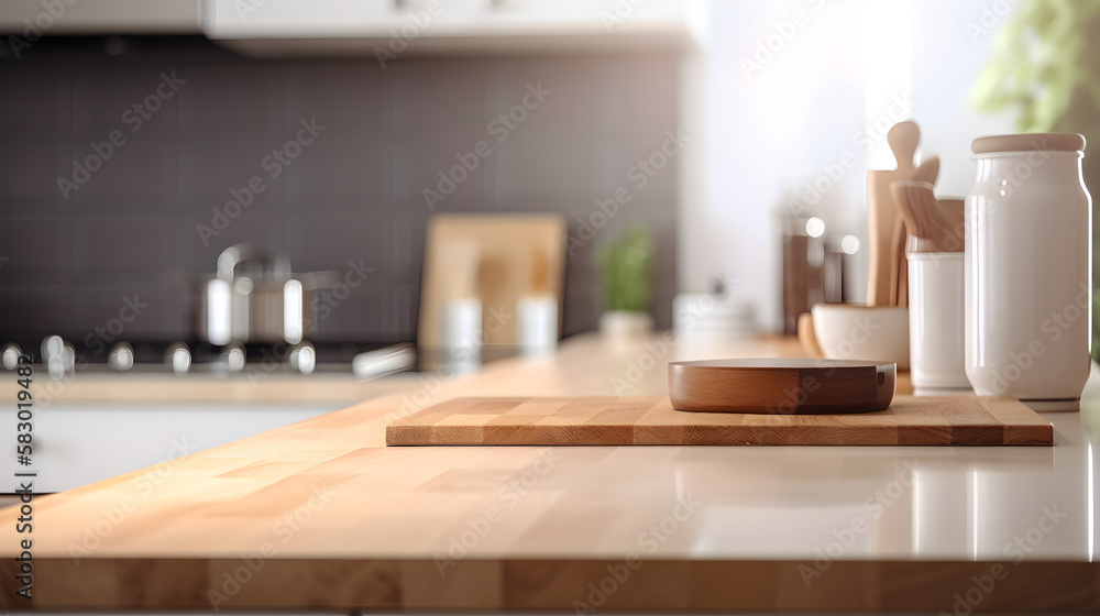 Kitchen surface against blurred kitchen background. Generative Ai Kitchen surface against blurred kitchen background. Generative Ai