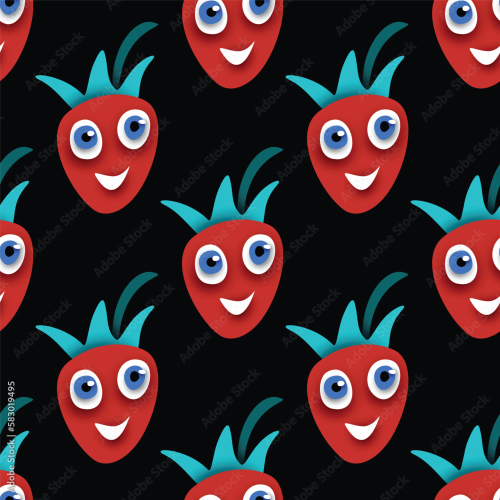 Seamless Pattern with Cute Smilying Strawberry. Surreal Design on Black. Pop Art Cartoon Style with Stains. Endless Texture. Vector 3d Illustration Seamless Pattern with Cute Smilying Strawberry. Surreal Design on Black. Pop Art Cartoon Style with Stains. Endless Texture. Vector 3d Illustration