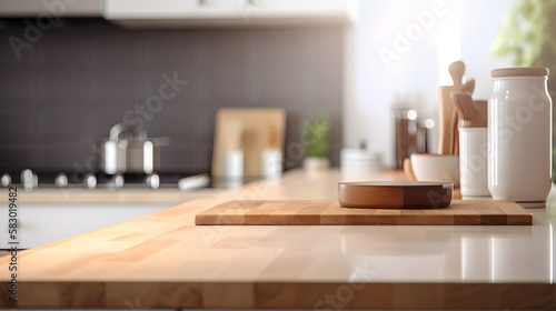 Kitchen surface against blurred kitchen background. Generative Ai