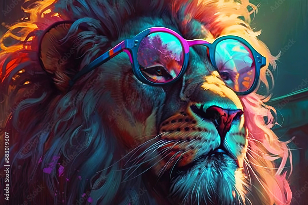Generative AI illustration of a lion with a lush mane wearing glasses in neon colors. Use in textiles, as a print.