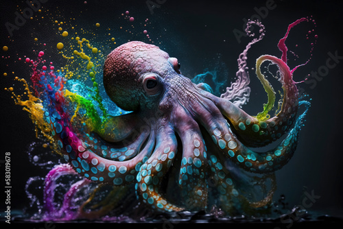 Colorful octopus in the sea. Color explosion..Created with Generative AI technology