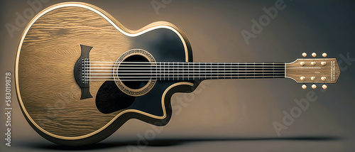 Beautiful acoustic guitar on a dark background, generative AI.