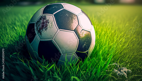 Soccer ball on the grass, generative AI. © puhimec