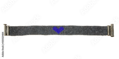 Black and blue beaded bracelet isolated on white background. Accessory. Costume jewelry. Handmade, heart figure