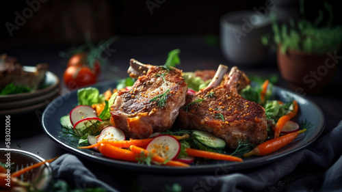 Mouth-watering roasted lamb chops and crispy fried chicken with fresh vegetables photo