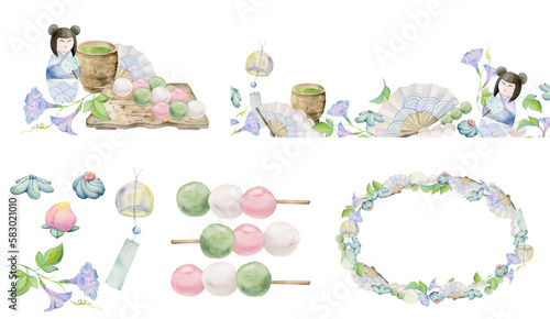 Watercolor hand drawn traditional Japanese sweets. Set of compositions with summer wagashi, taiyaki, tea, frames. Isolated on white background. Invitations restaurant menu greeting cards print textile