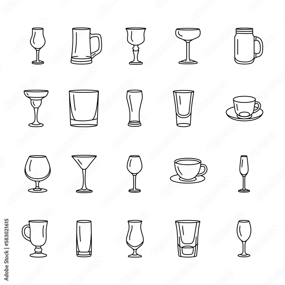 Stemware for drinks black line icons set. Stemware for drinks black line icons set.