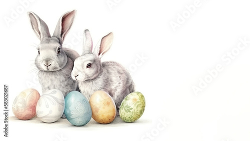 Easter bunny with easter eggs banner on white background  isolated  Generative AI