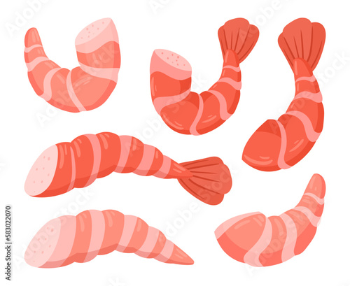 Cartoon shrimps seafood. Boiled tiger or king shrimps meat, prawns without shell flat vector illustration set