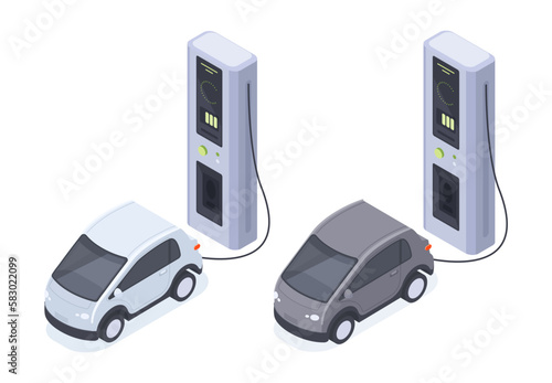 Electric cars charging. Isometric charging station, eco friendly electric cars, EV home charger station isolated 3d vector illustration