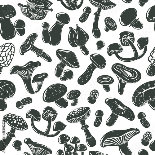 Mushrooms silhouette seamless pattern. Autumn forest plants silhouettes, champignon, shiitake, chanterelle and king oyster flat vector background illustration © GreenSkyStudio
