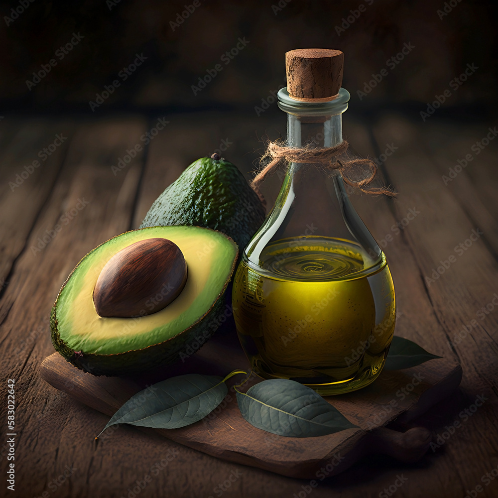 Avocado oil with avocado nuts. Generated Ai. Illustration Avocado oil with avocado nuts. Generated Ai. Illustration