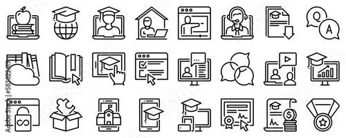 Line icons about online education on transparent background with editable stroke.
