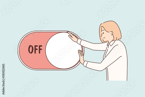 Motivated woman turn off and on button