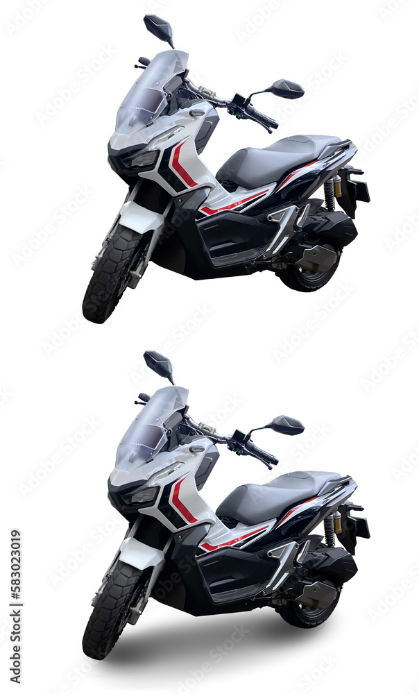 Adventure Motorcycle Motorbike 3/4 Front View Isolated on White Background Adventure Motorcycle Motorbike 3/4 Front View Isolated on White Background