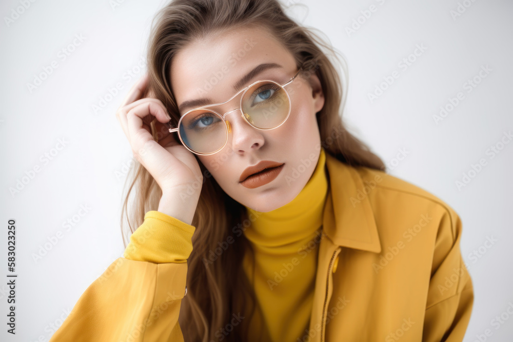 Portrait of a young beautiful woman wearing 2023 year trendy modern vintage style eyeglasses isolated on white background. Generative AI