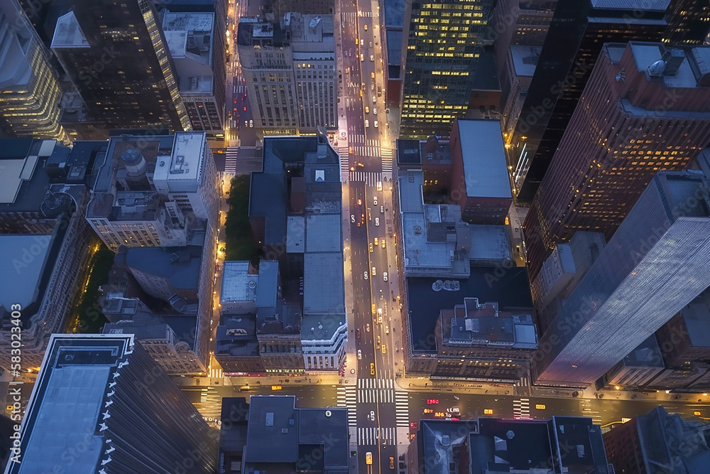  Bird's eye view of city looking down at people and yellow taxi cabs going down  Avenue. Created using generative AI tools.