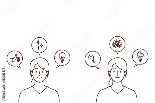 Happy woman generate ideas and lose motivation 