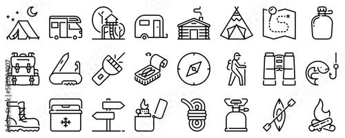 Line icons about outdoor camping on transparent background with editable stroke.