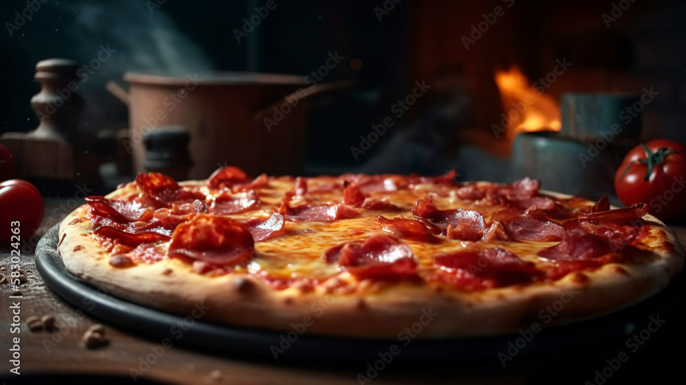 Freshly Baked Pepperoni Pizza with Bacon, Tomatoes, and Cheese Freshly Baked Pepperoni Pizza with Bacon, Tomatoes, and Cheese