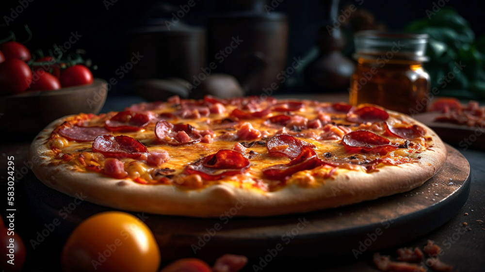 Delicious Pepperoni Pizza with Melting Cheese and Bacon Toppings on a Stone Plate