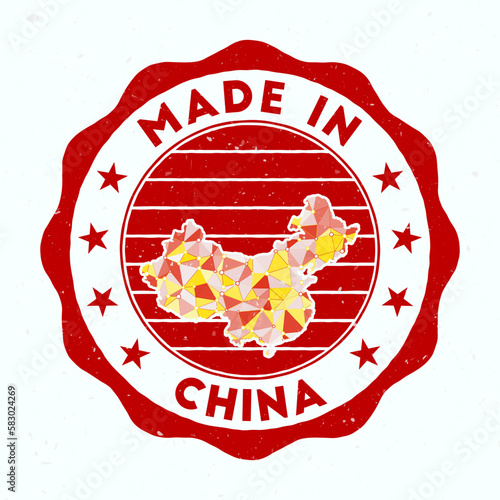 Made In China. Country round stamp. Seal of China with border shape. Vintage badge with circular text and stars. Vector illustration.